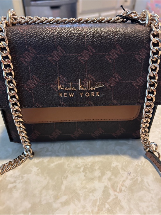 Nicole Miller Handbags - Nicole Miller Dark Brown Monogram Crossbody with Gold Chain